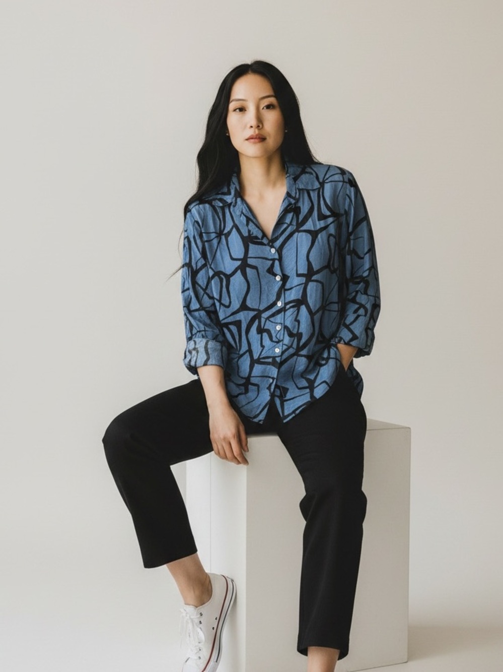 cut loose Blue Black Abstract-Pattern Button-Down Oversize Shirt, Small